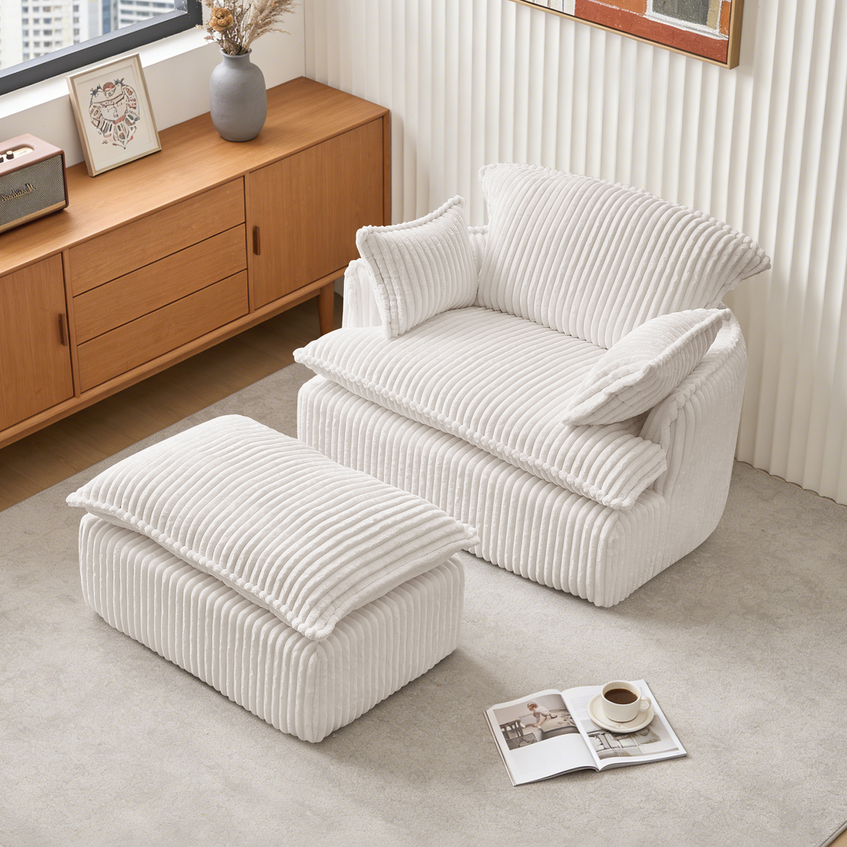 Cloud Sofa Armchair with Footstool, Compact Convertible Armchair for Small Spaces, Soft Corduroy Fabric