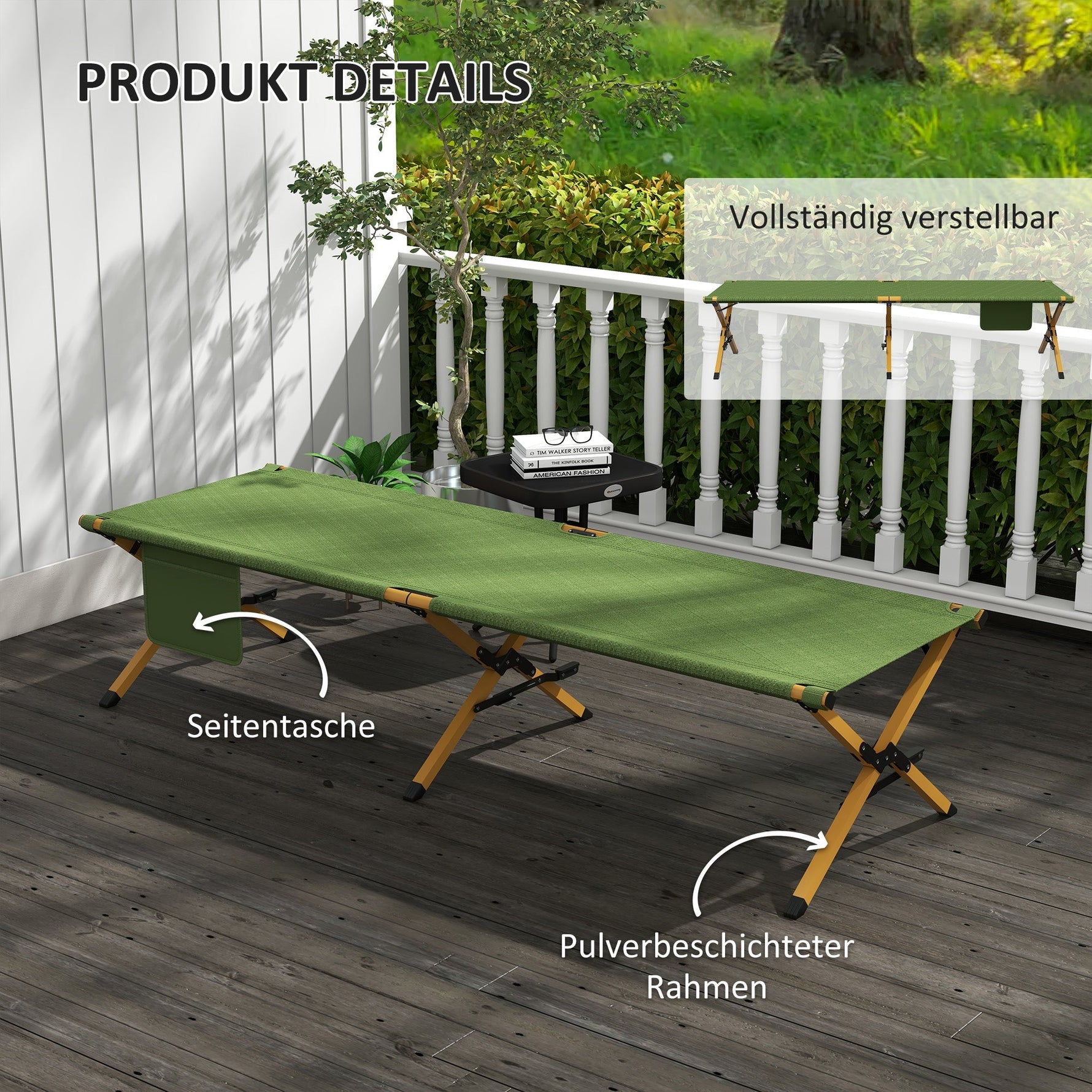 Folding Sun Lounger, Garden with Side Pocket, Oxford Dark Green