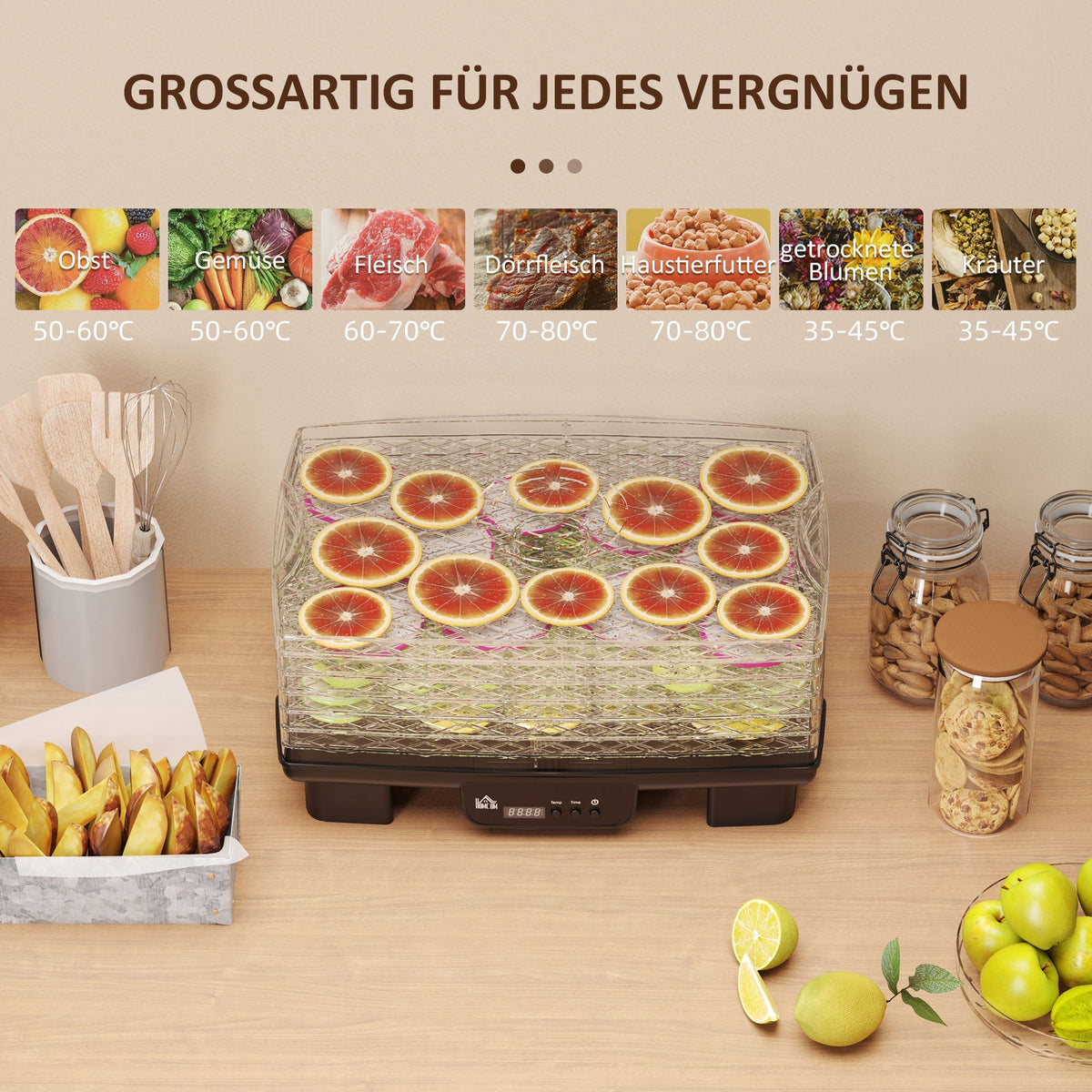 Food Dehydrator, 6 Trays, 550W, 40-70°C, 48-Hour Timer, Black
