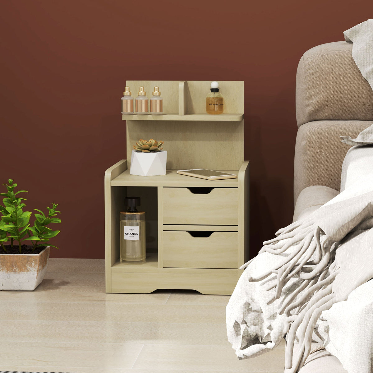 Bedside Table, 2 Drawers, Open Shelf, Natural Wood