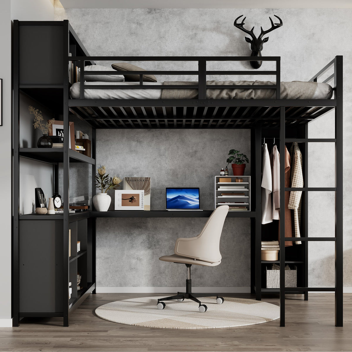 Iron Loft Bed, Double Storage, Desk & Wardrobe, Black 140x200cm