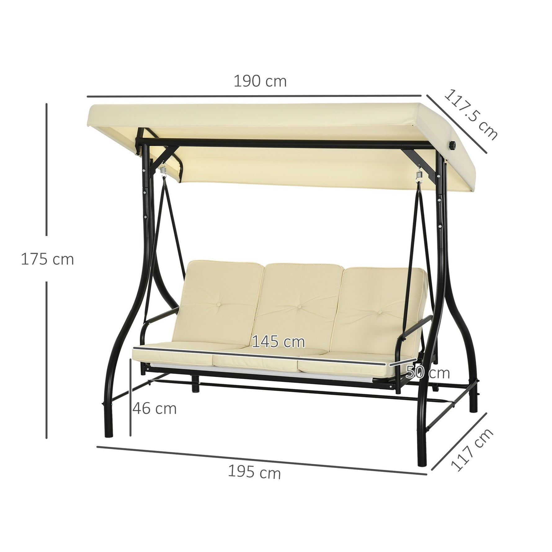 Outsuuny Porch Swing, 2-in-1 Reclining 3-Seater with Adjustable Sunroof, 240 kg, Beige