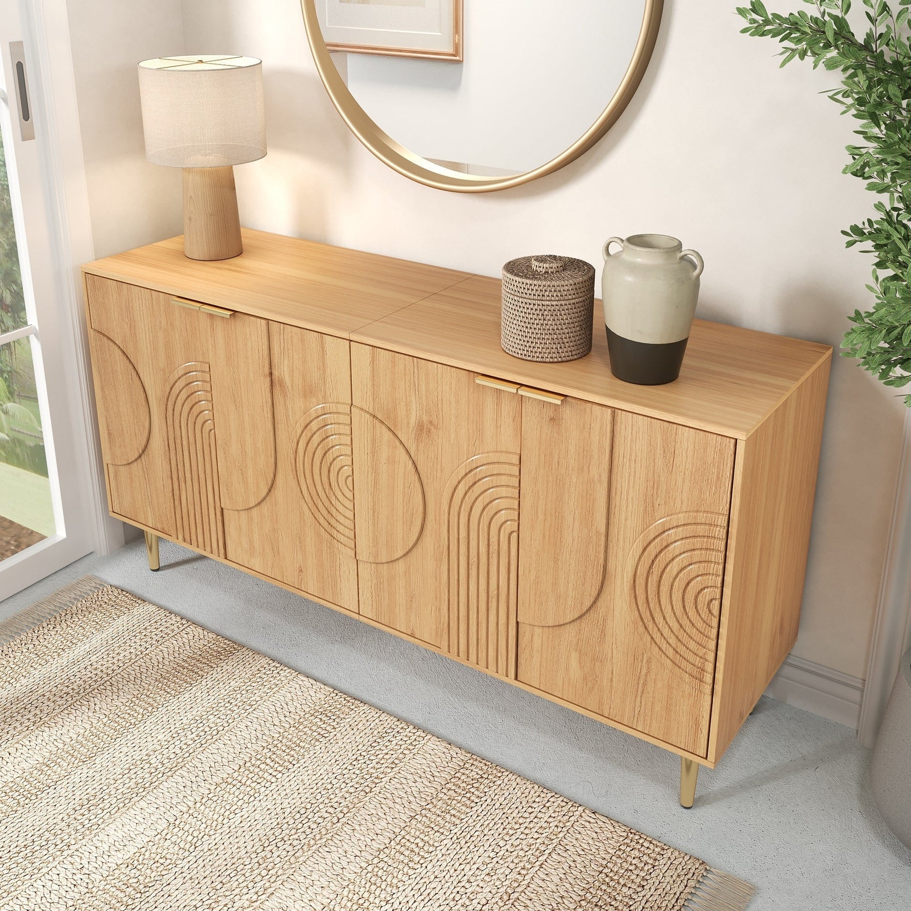 Modern Sideboard with 4 Doors and Adjustable Shelves, Natural Wood Look