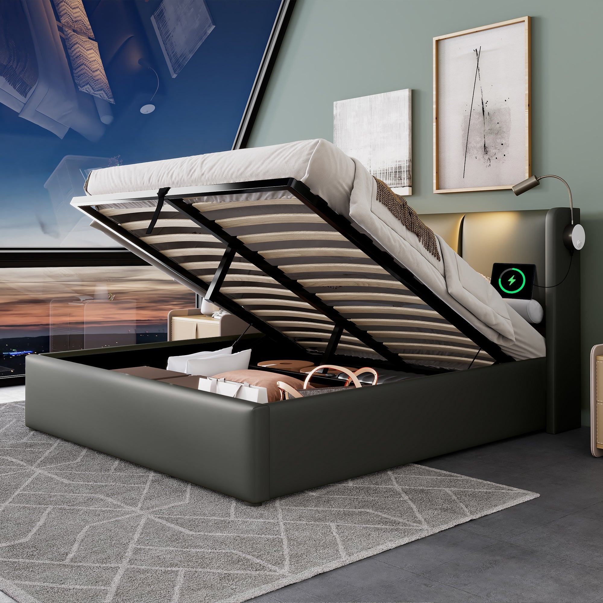 Upholstered Double Bed 140x200 Storage, USB Light, Slatted Base, PU