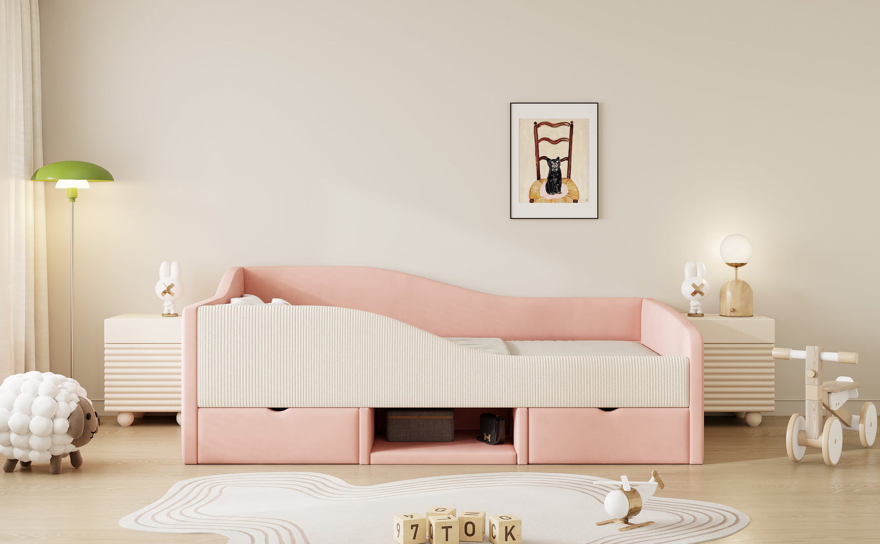 Upholstered Sofa Bed 90x190cm Multifunctional with Two Drawers and Railings Pink/Cream Velvet