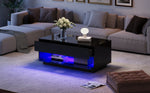 Coffee Table with 2 Drawers, Bluetooth LED Light Bar, Tempered Glass, Black
