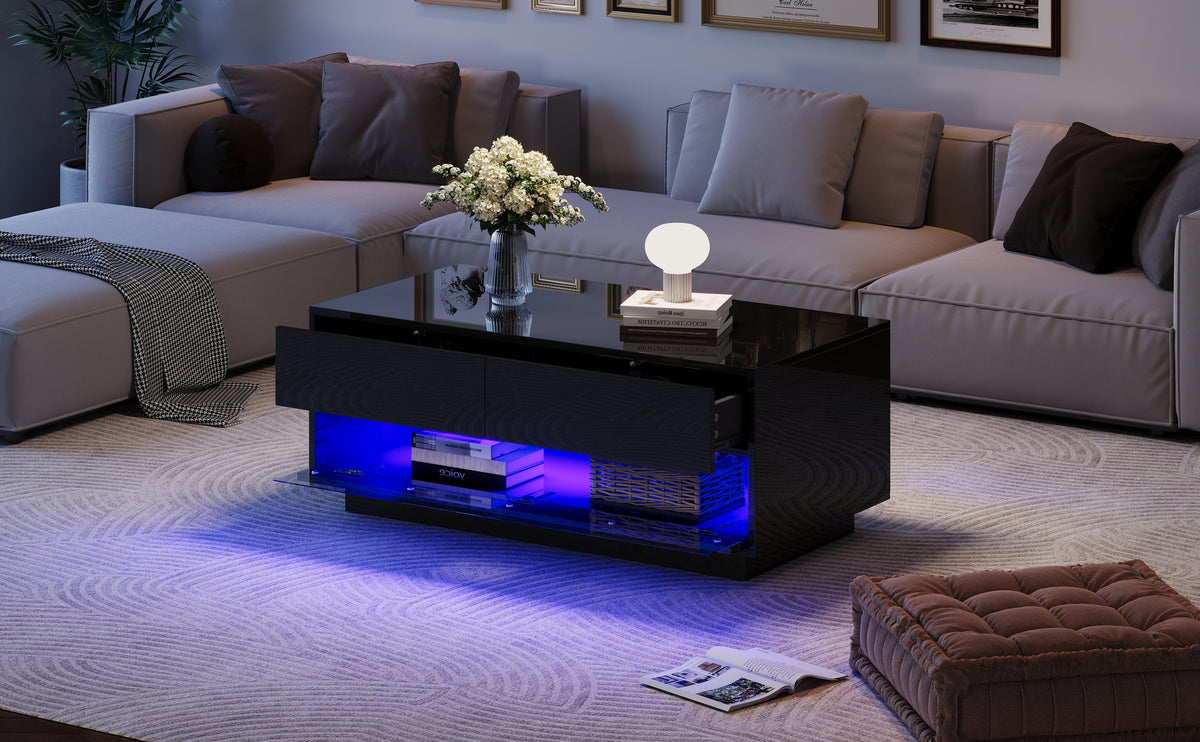 Coffee Table with 2 Drawers, Bluetooth LED Light Bar, Tempered Glass, Black