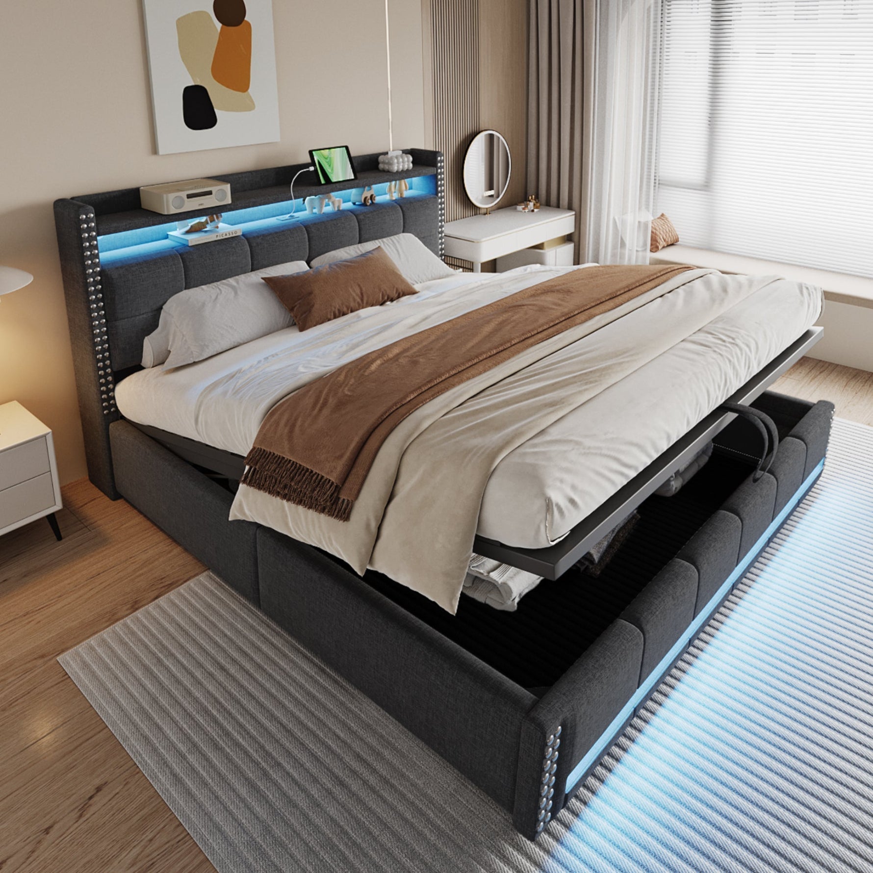 Upholstered Bed 180x200cm LED/USB Hydraulic Storage Linen Fabric Grey