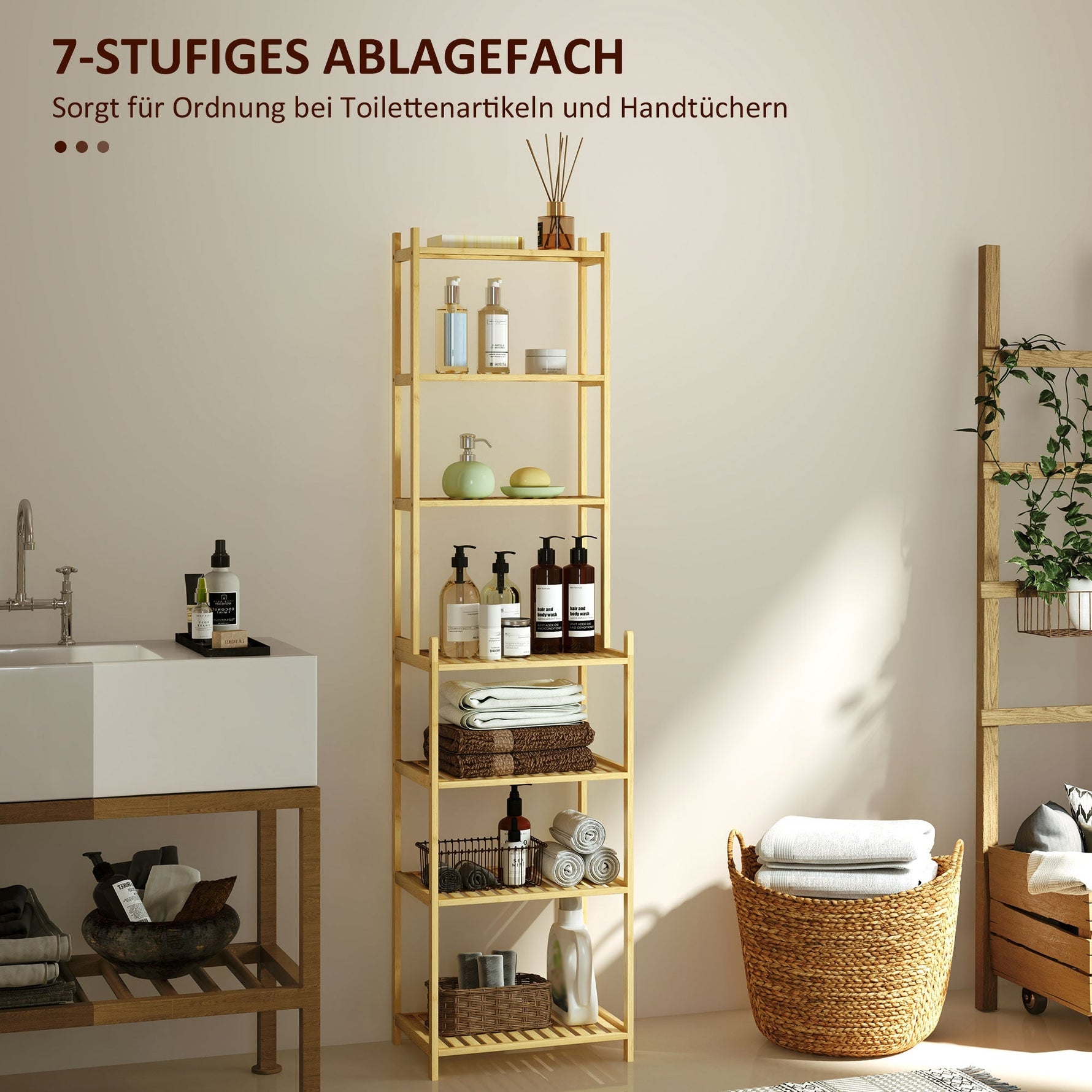 Bathroom Shelf, 7-Tier Storage Rack, Natural Bamboo
