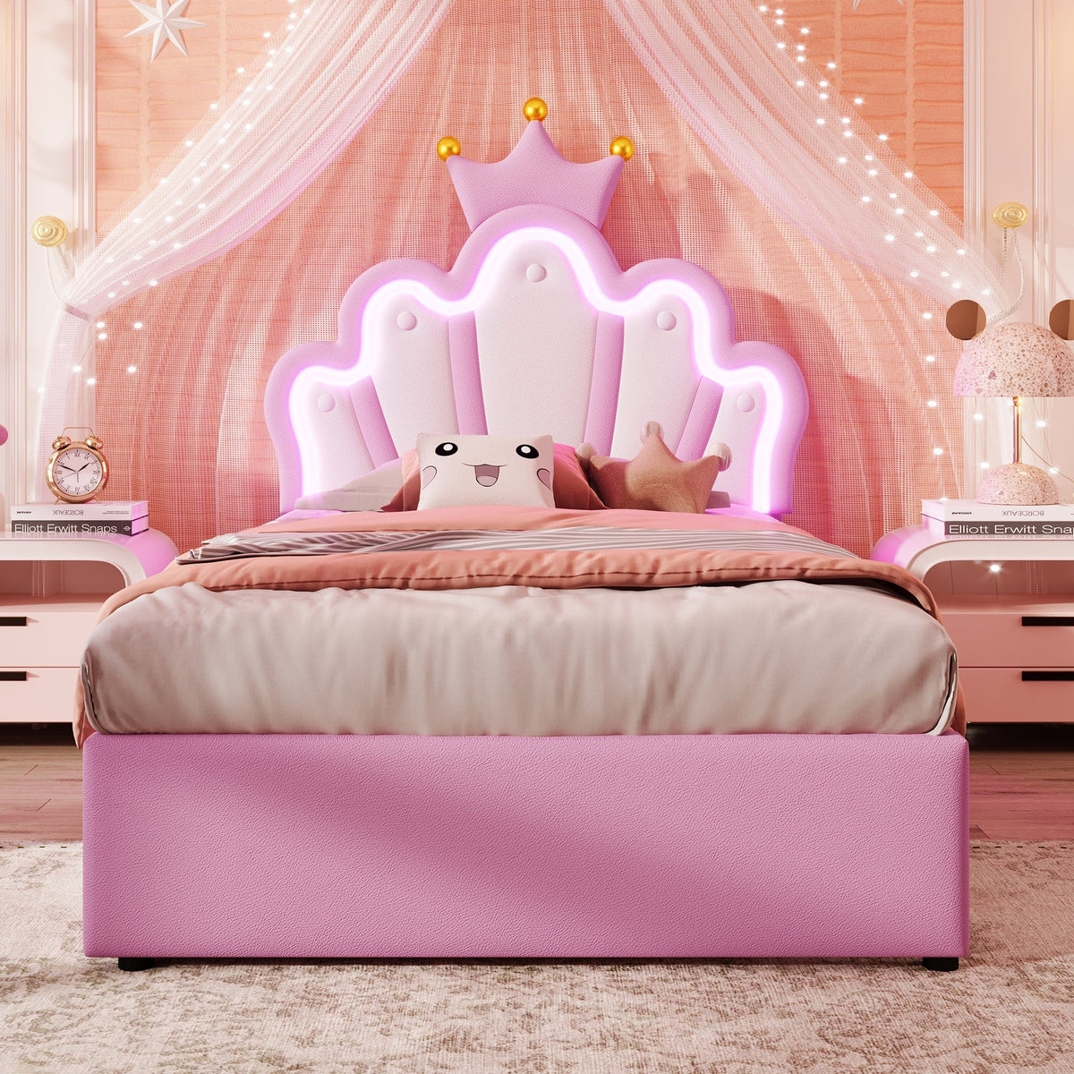 Upholstered Bed 90x200cm Crown Headboard Ambient Light 2 Drawers - Pink PU