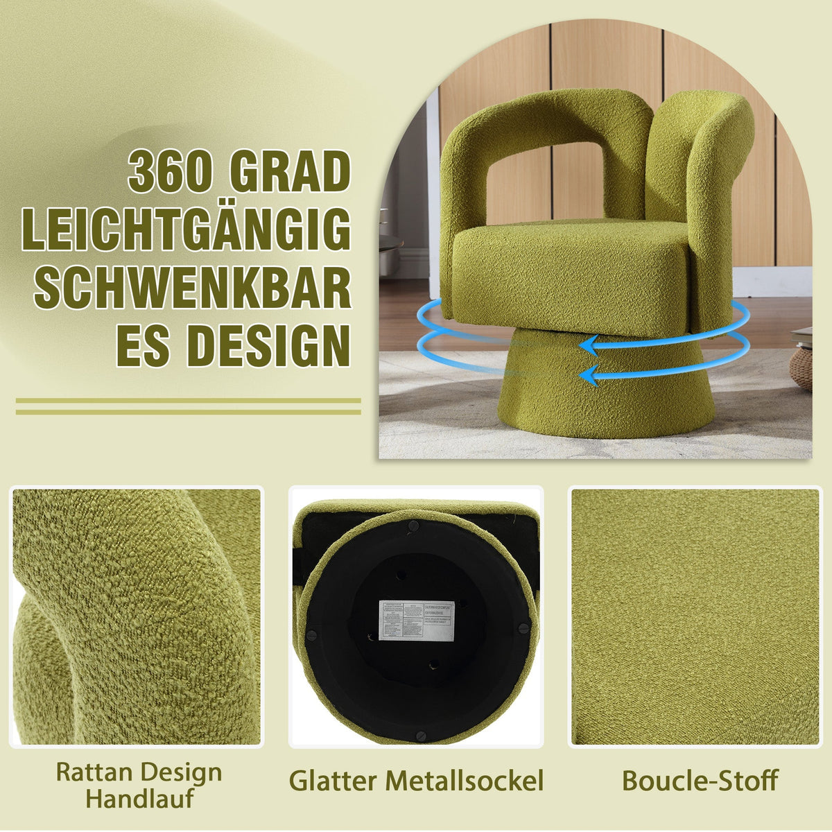 Snuggle Barrel Accent Chair, 360 Degree Rotating Round Armchair with Wide Cushions, Fluffy Fabric, Olive