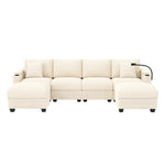 U-Shaped Modular Sofa with Sleeping Function, Phone Holder and USB Port, Beige Corduroy