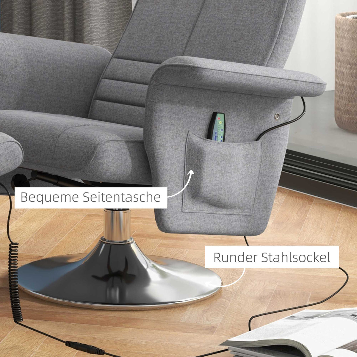 Electric Recliner Chair with Footstool, Reclining Function, Vibration Massage, Remote Control, Linen Look Dark Gray