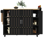 Kitchen Serving Cart Mobile Island with Worktop Sliding Doors Drawers Spice Rack Black
