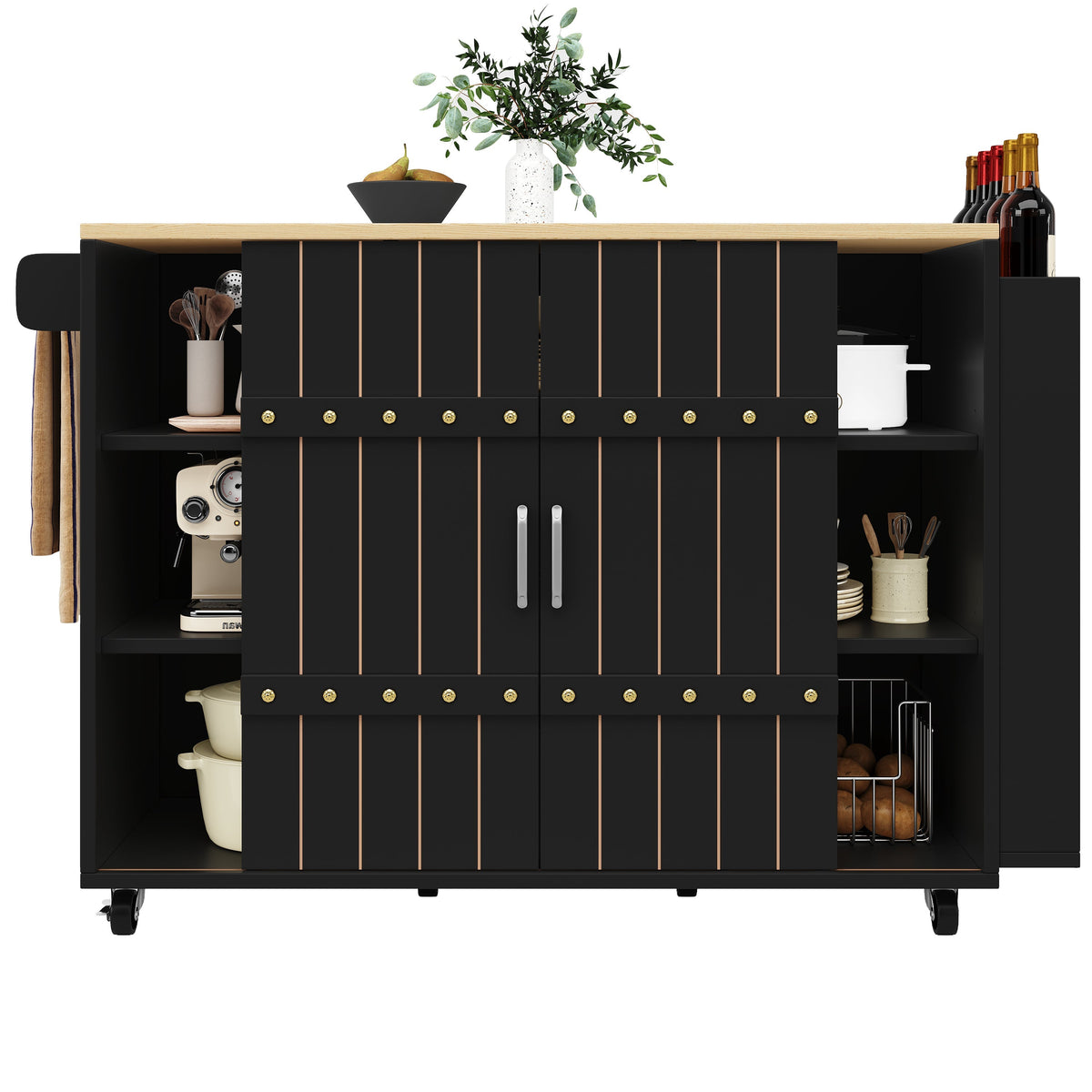 Kitchen Serving Cart Mobile Island with Worktop Sliding Doors Drawers Spice Rack Black