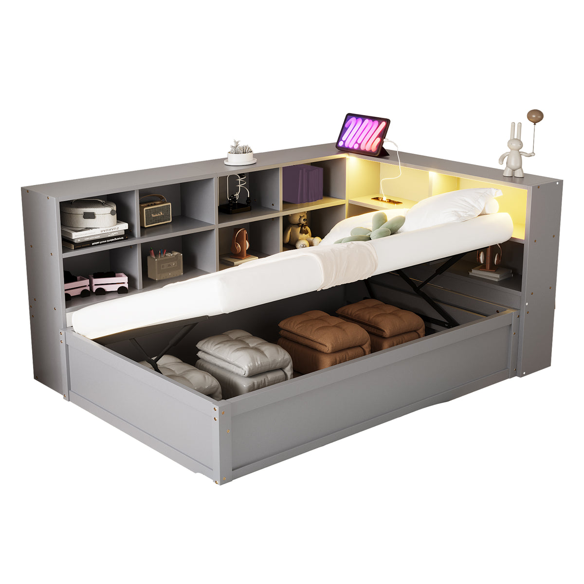 Multifunctional Sofa Bed 90x200 with Storage & Light Strip, Grey