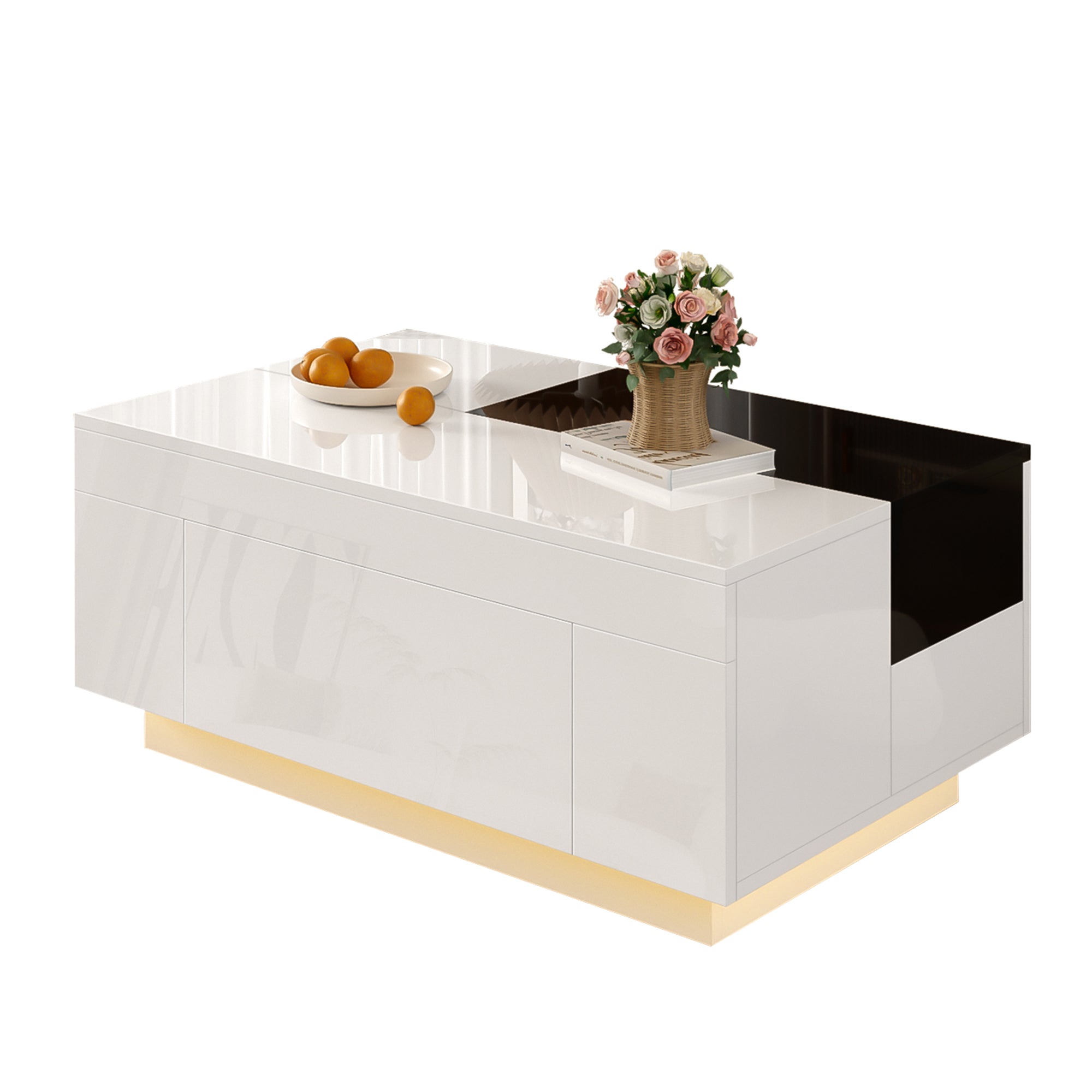Coffee Table with LED Lighting, Extendable Tabletop, Storage - Black and White