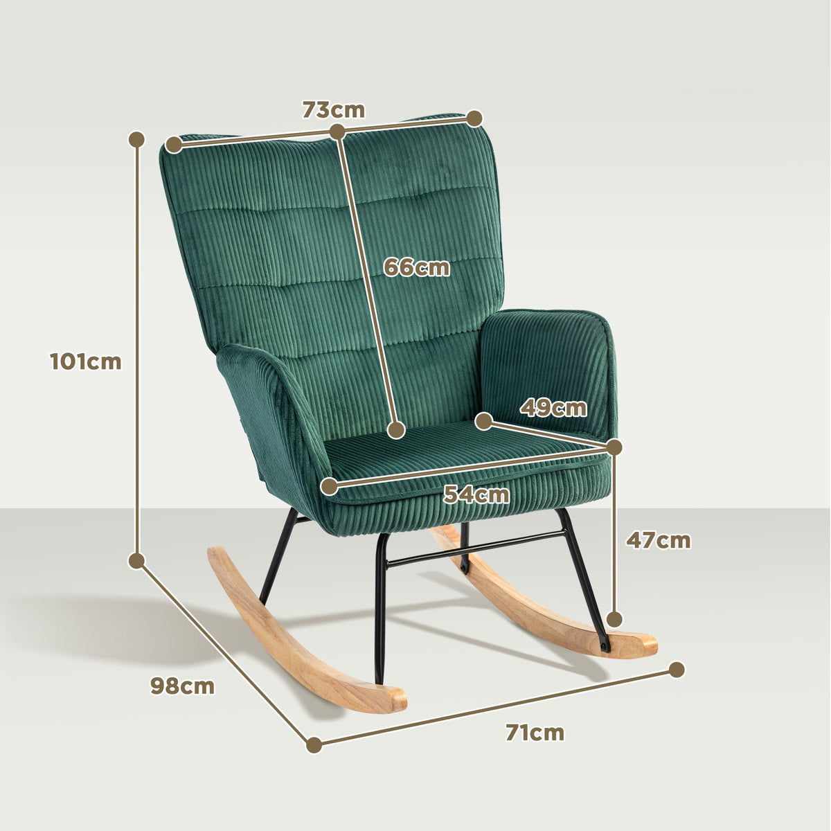 Rocking Chair Armchair Wooden Runners Corduroy Dark Green