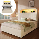 Upholstered Single Bed 90x200cm Hydraulic Storage LED USB/Type-C Adjustable Headboard - Velvet Beige (With Mattress)