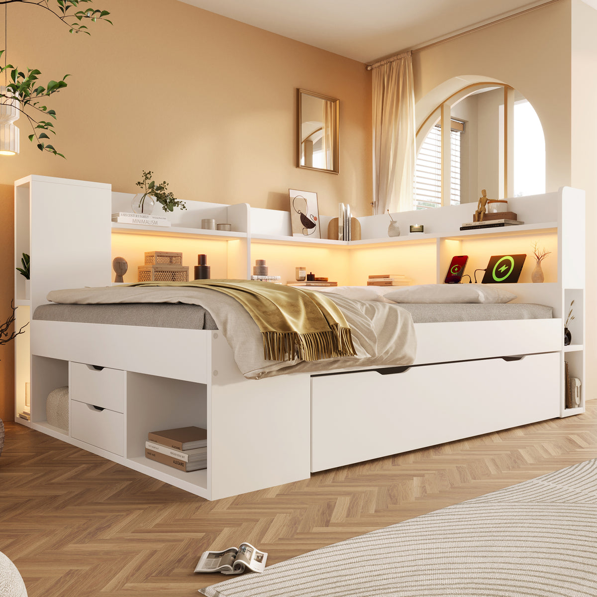 Functional Daybed 140x200cm with LED Light & Storage Drawers, White