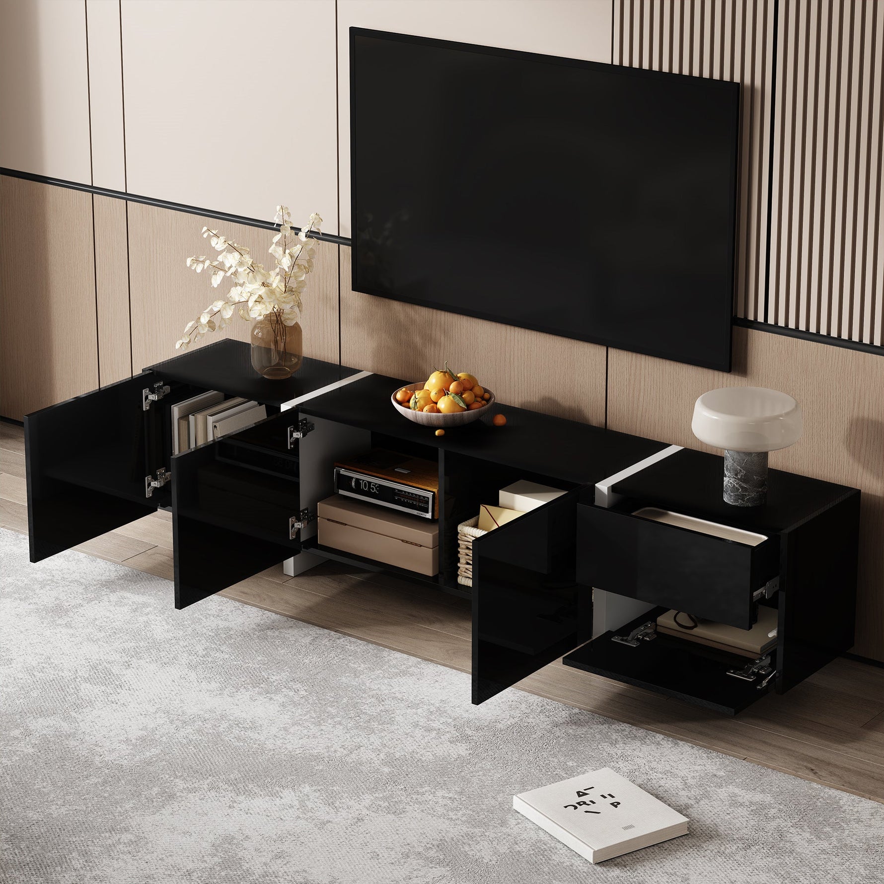 TV Stand Low Cabinet with LED Light Strip, Black/White