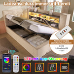 Upholstered Bed 140x200 with LED & Storage, Beige Linen