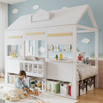 Loft Bed with House-Shaped Design, Bookshelf and Slatted Base, 90x200cm, White Pine + MDF
