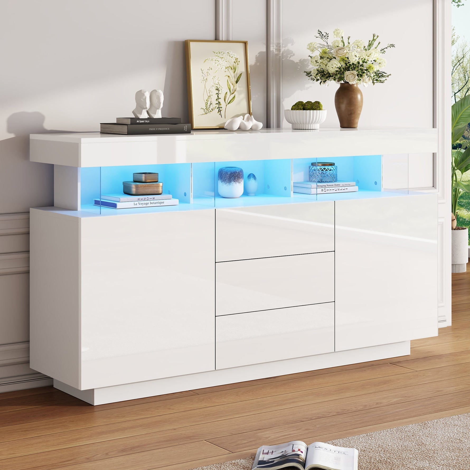 Modern Sideboard High-Gloss Coffee Bar LED Light Strip 140x35x80cm White Acrylic