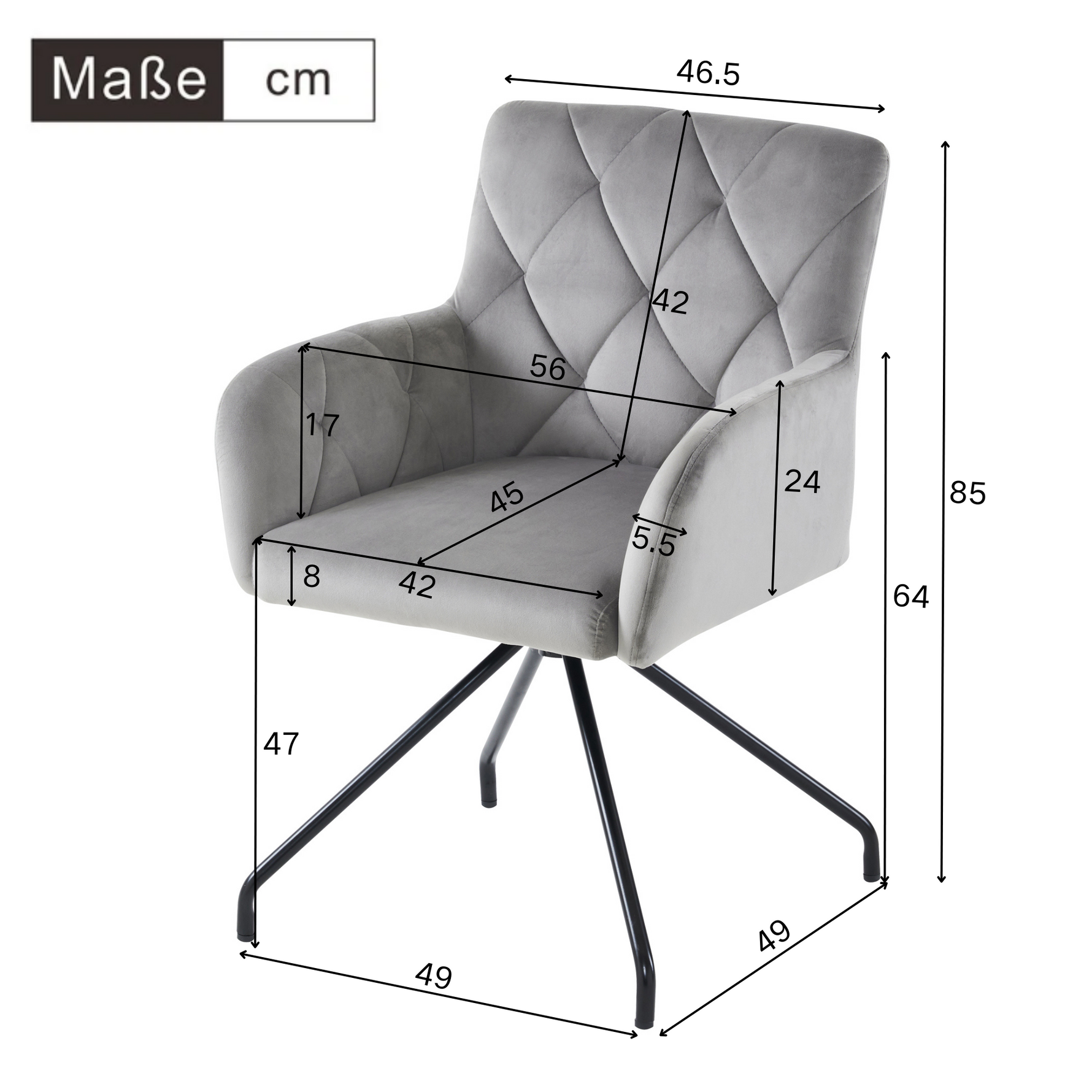 Set of 6 Dining Chairs with Diamond Pattern and Lumbar Support, Light Grey Velvet