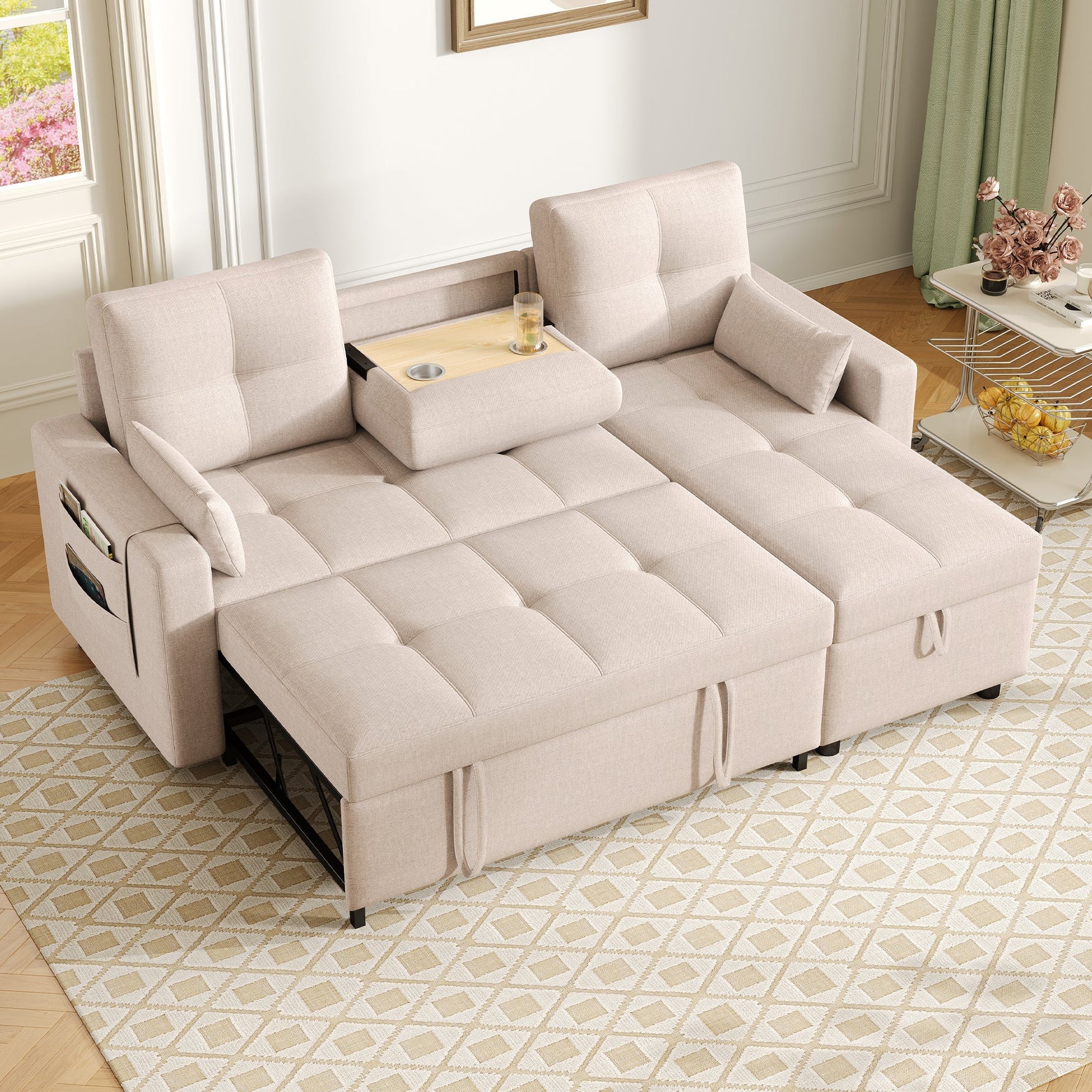 Modern L-shaped Sofa Modular Sofa Bed Pull-out with Storage & Cup Holder, Living Room
