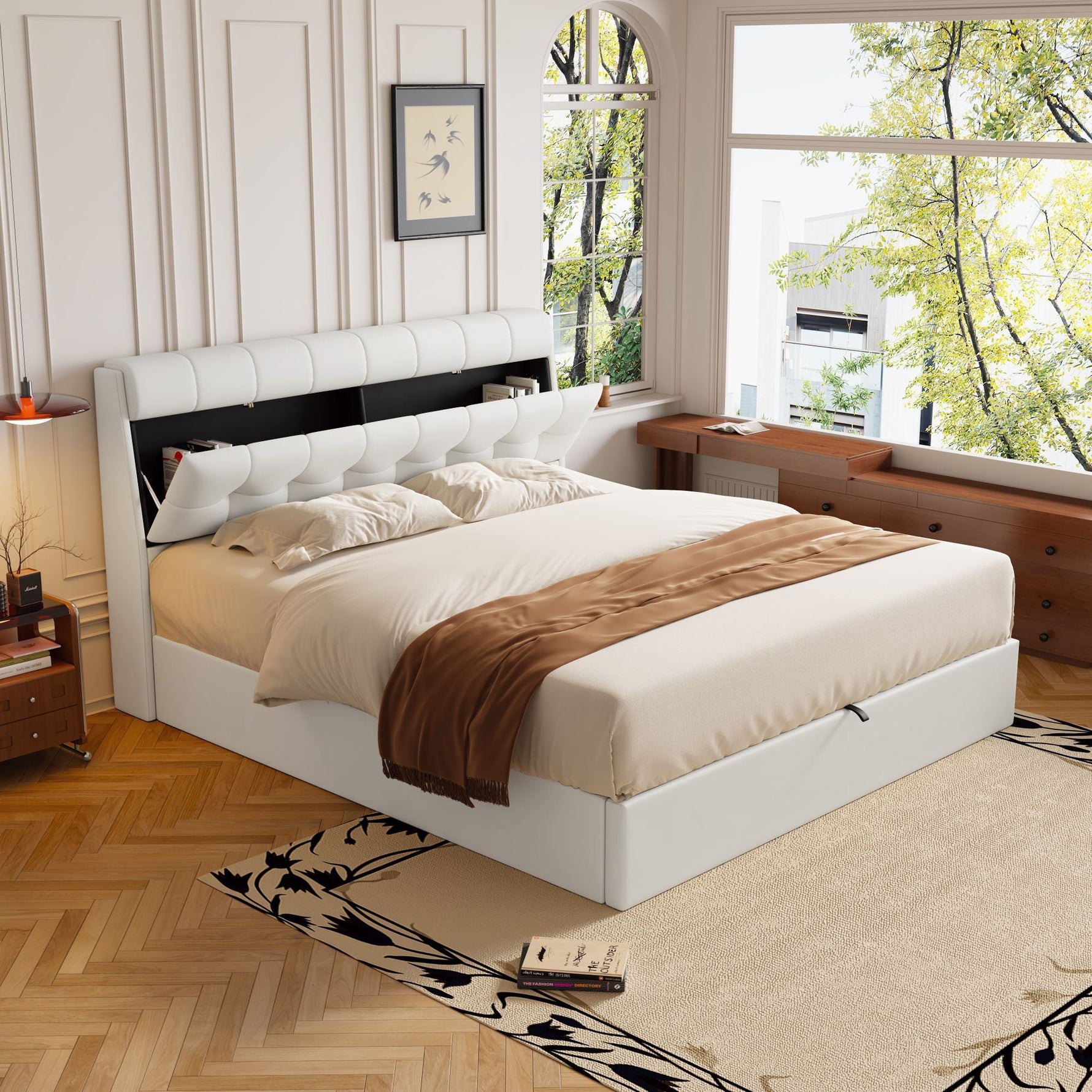 Upholstered Bed 160x200cm Hydraulic & Concealed Headboard Storage PU - White