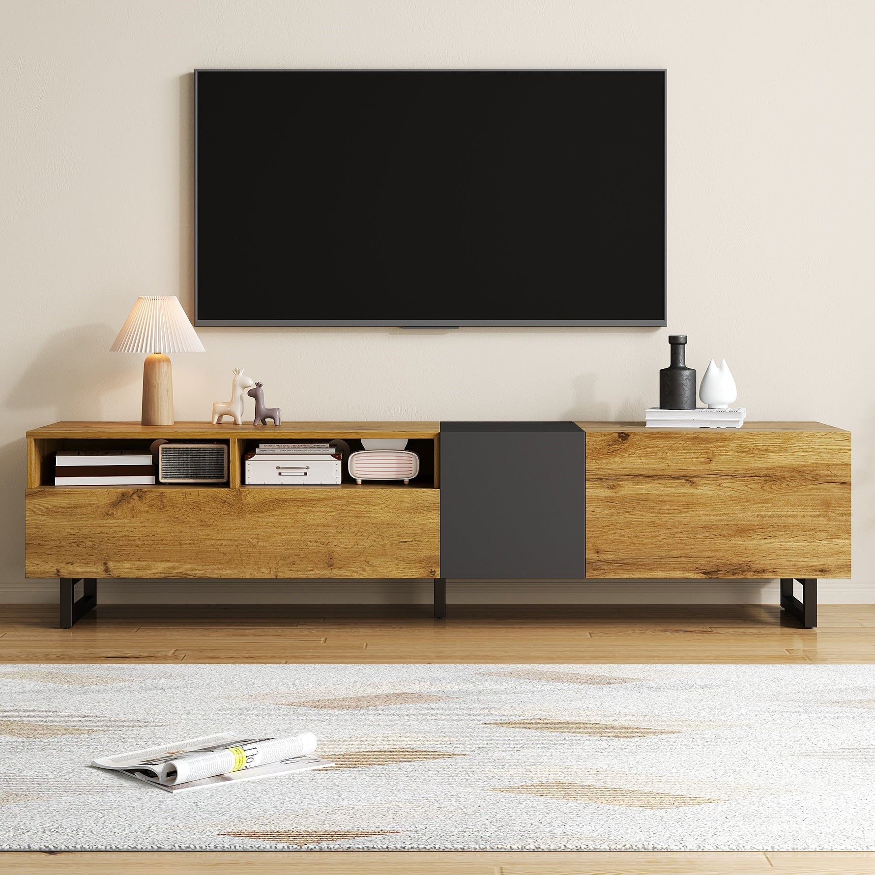 Colorblock TV Cabinet, 3 Doors 2 Compartments U-shaped Metal Legs, Retro Wood Grain