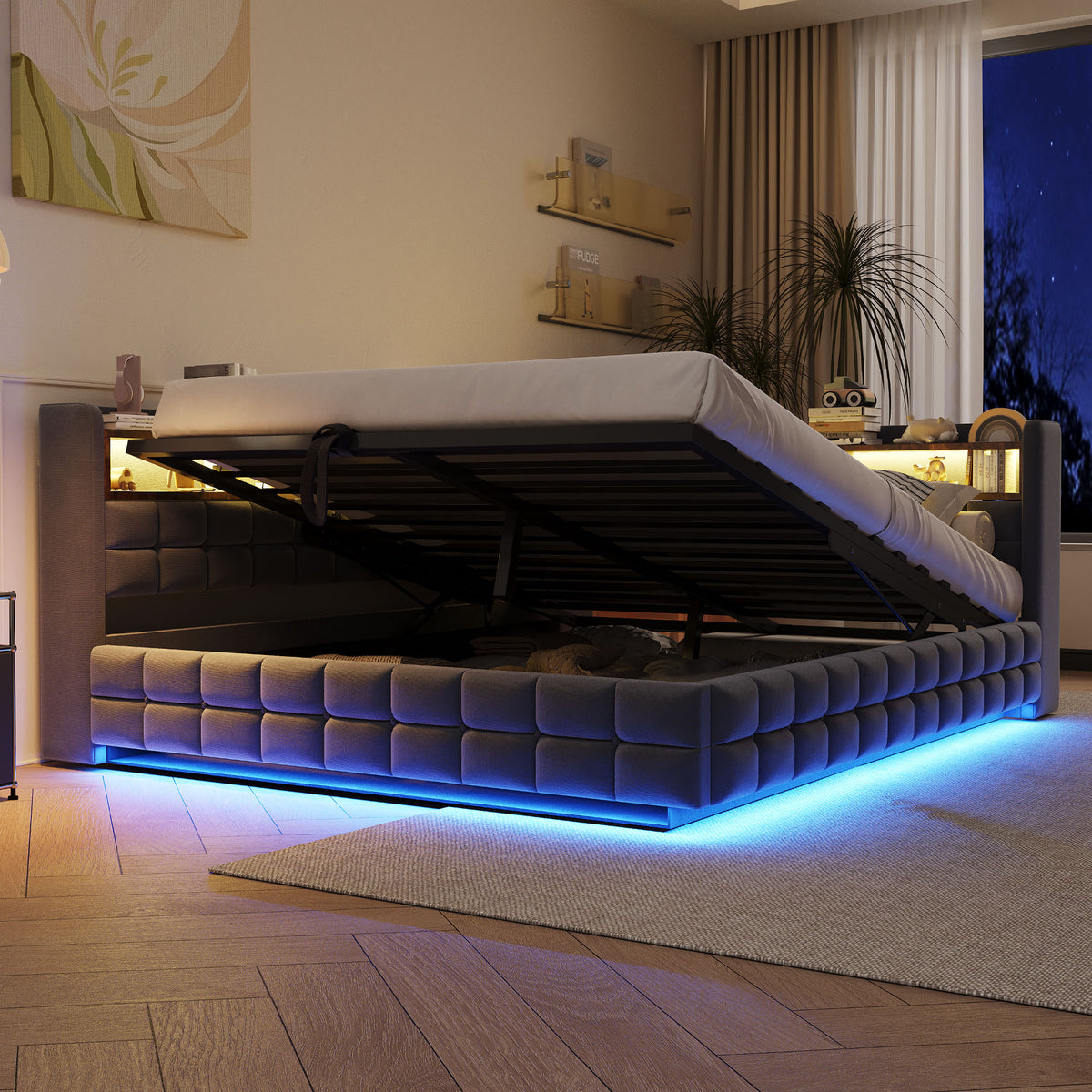 Multifunctional Sofa Bed 140x200 with Storage & LED, Dark Grey Velvet