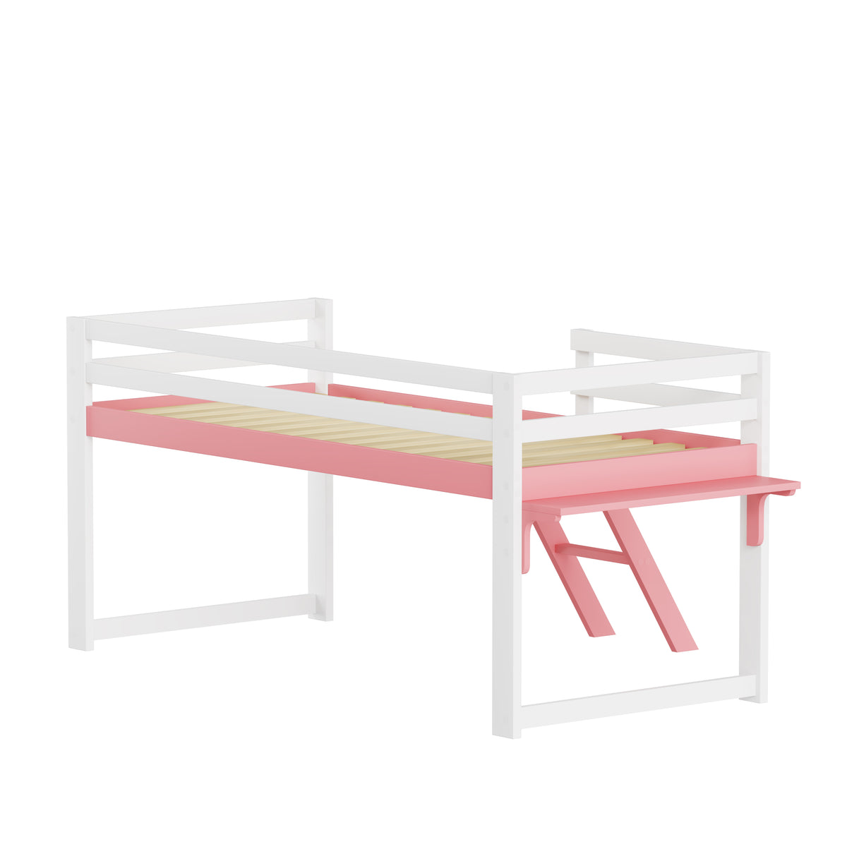 Children's Loft Bed 90x200cm with Ladder, White-Pink Solid Pine