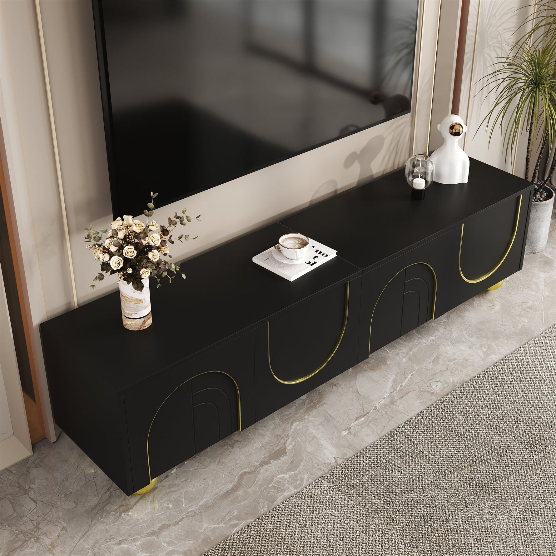 TV Cabinet Lowboard Textured Doors Shelves Push-to-Open - Gold Accents