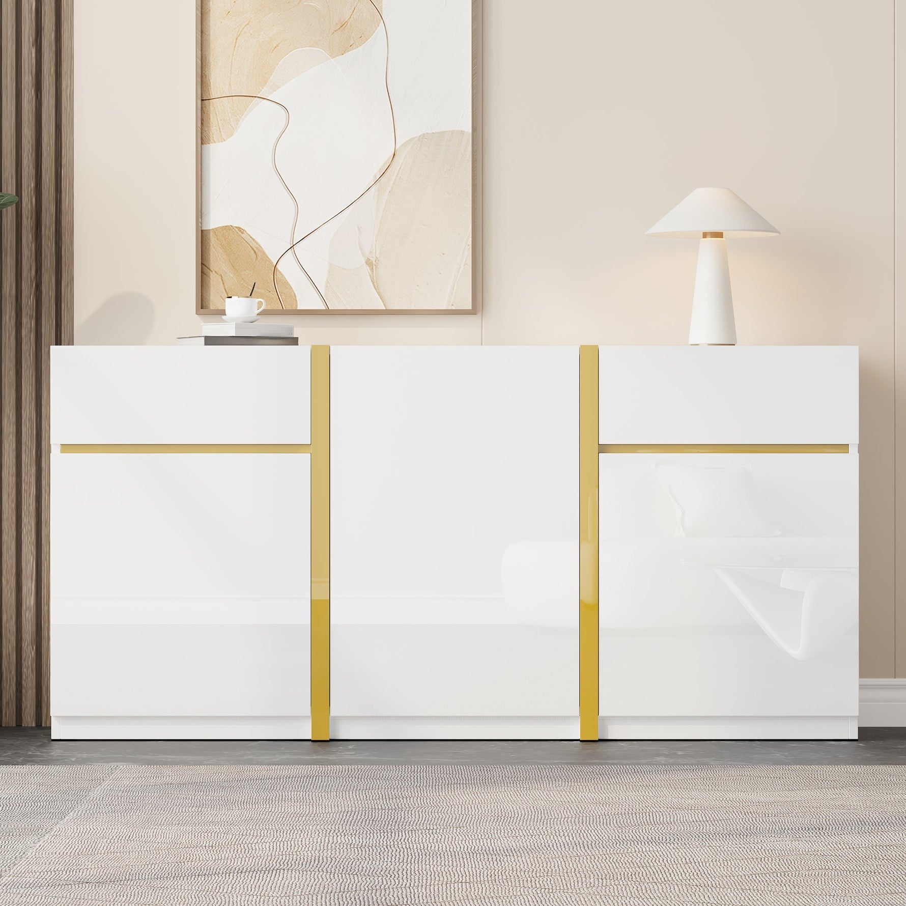 Luxurious Sideboard with 3 Doors and 2 Drawers, High-Gloss Lacquer Finish, White Wood