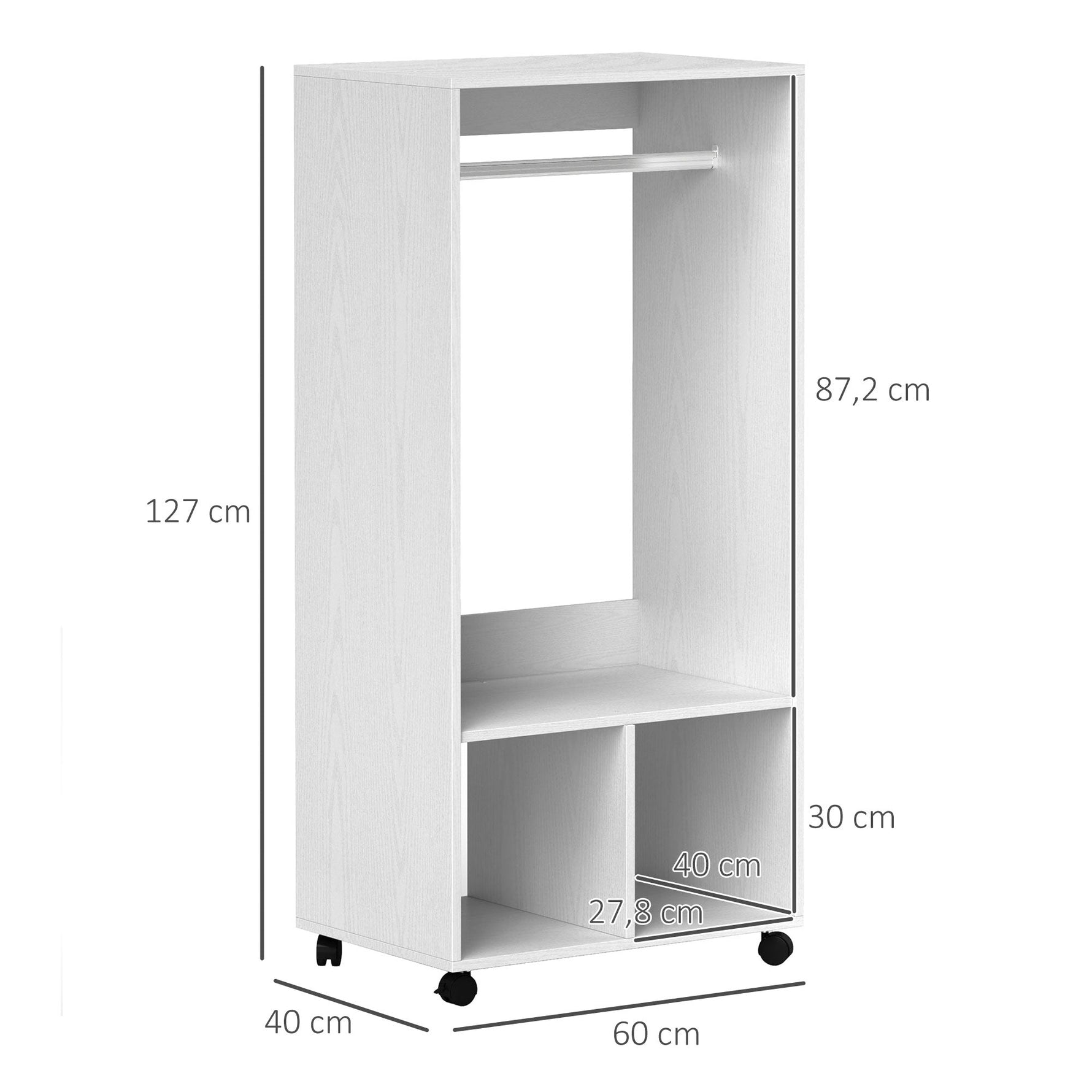 Mobile Wardrobe with Shelf, 4 Swivel Wheels, White