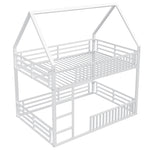 House-Shaped Bunk Bed with Fence and LED Light, 140x200cm, White