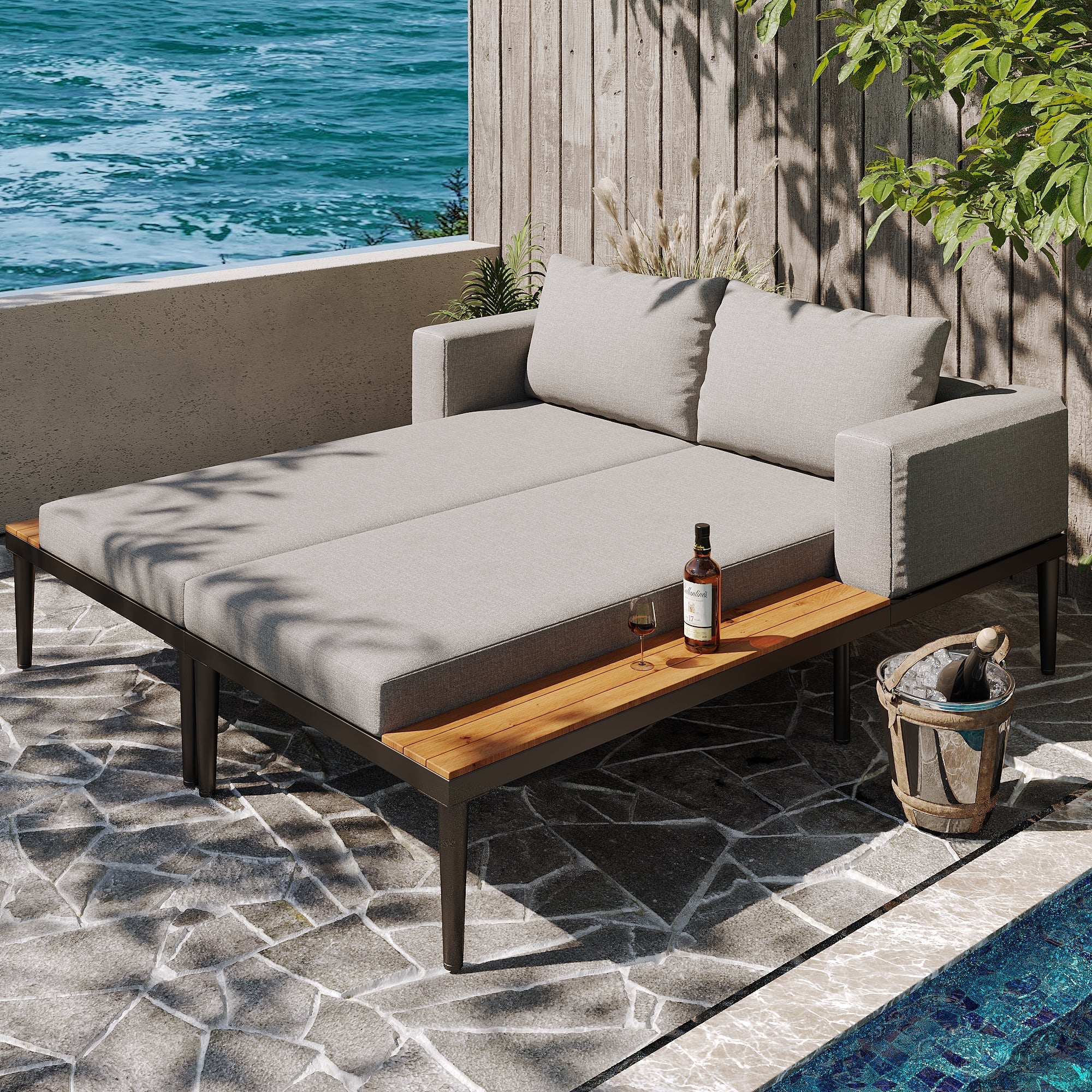 Outdoor Patio Daybed Double Lounge Sunbed Multifunctional Waterproof with Shelves