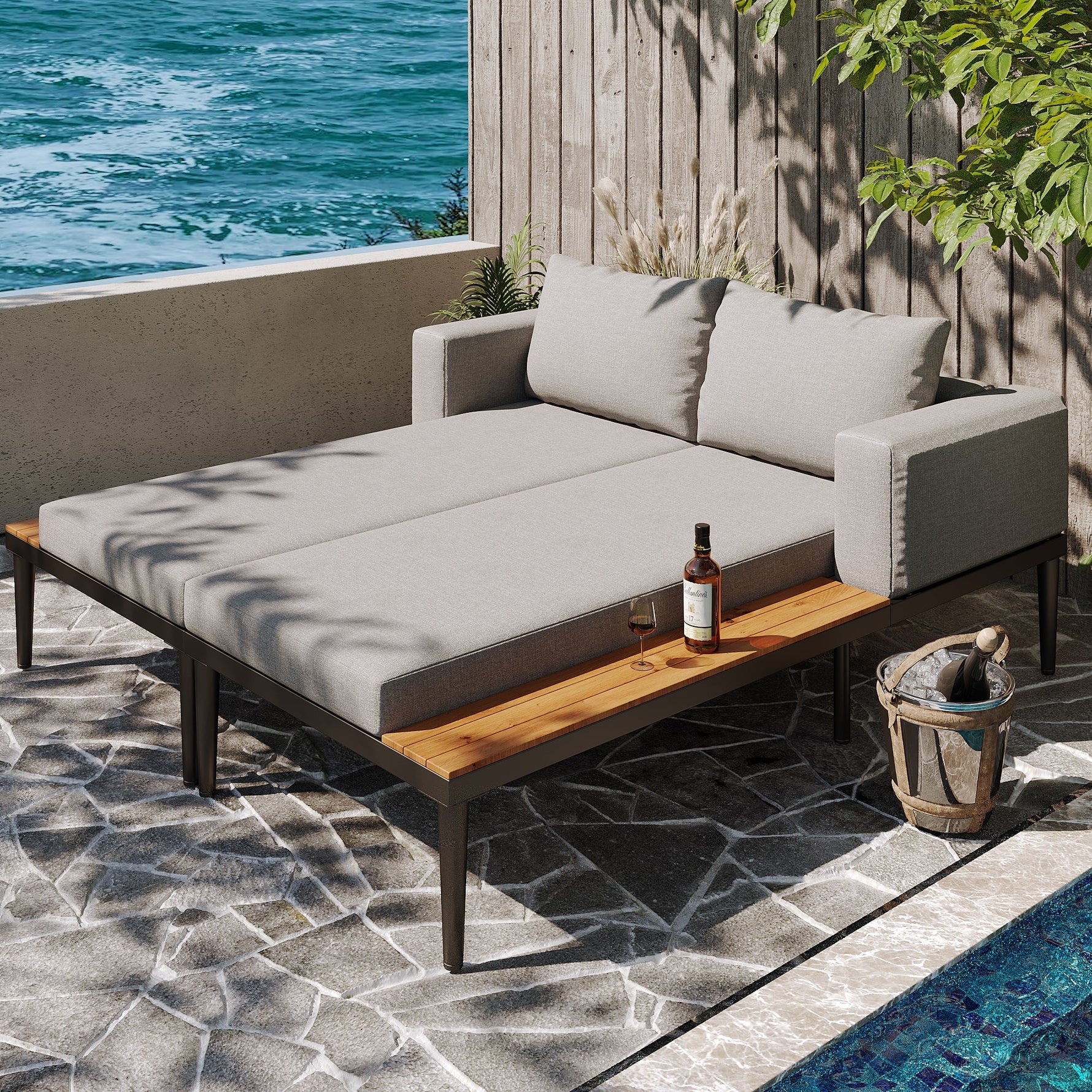 Outdoor Patio Daybed Double Lounge Sunbed Multifunctional Waterproof with Shelves