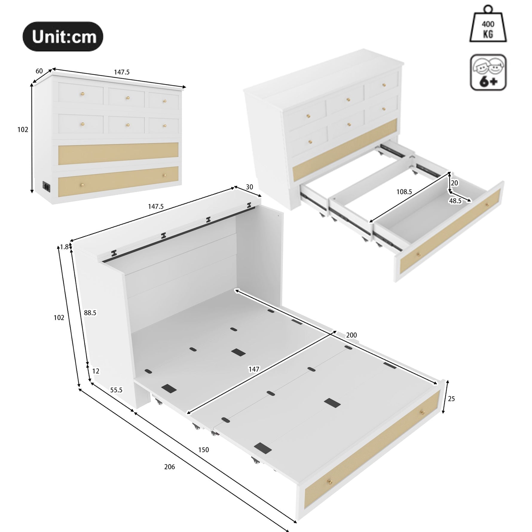 Mobile Wall Bed 140x200 Convertible Storage Drawers Shelf USB/Power Outlet - White