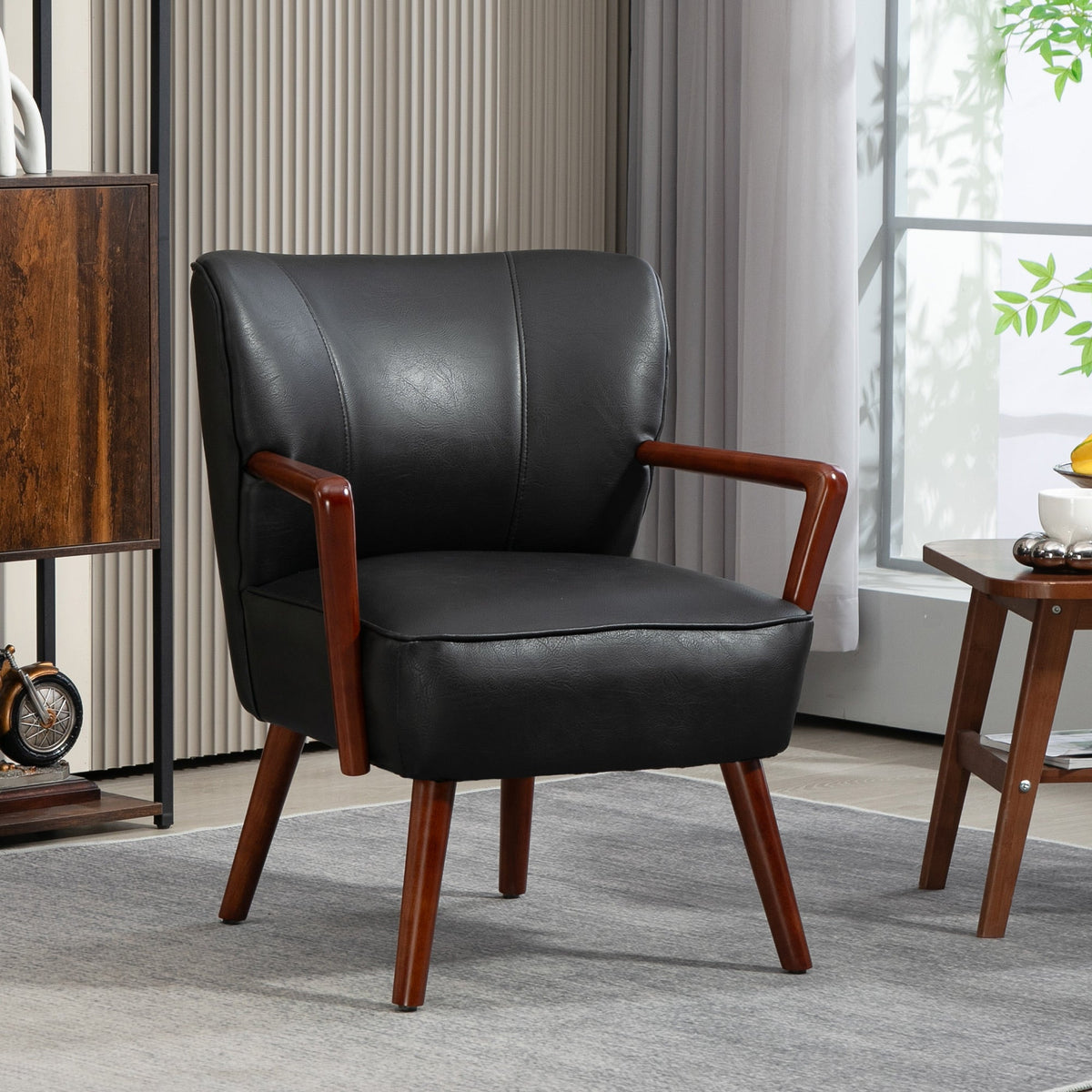 Lounge Chair, Armrests, Wooden Legs, Faux Leather