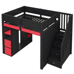 Gaming Wooden Loft Bed with Desk, Multi-Tier Storage, LED Lighting, USB Port and Staircase, Black and Red