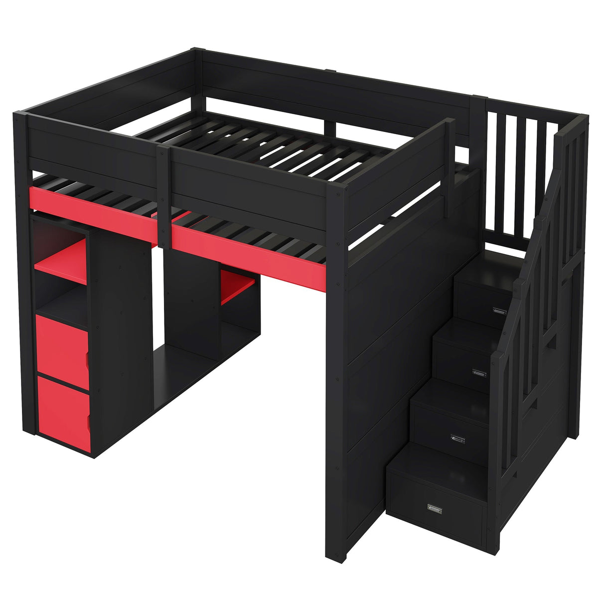 Gaming Wooden Loft Bed with Desk, Multi-Tier Storage, LED Lighting, USB Port and Staircase, Black and Red