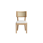 Solid Wood Dining Chairs with Rattan Backrests and Linen Seats, Set of 2, Wood Color