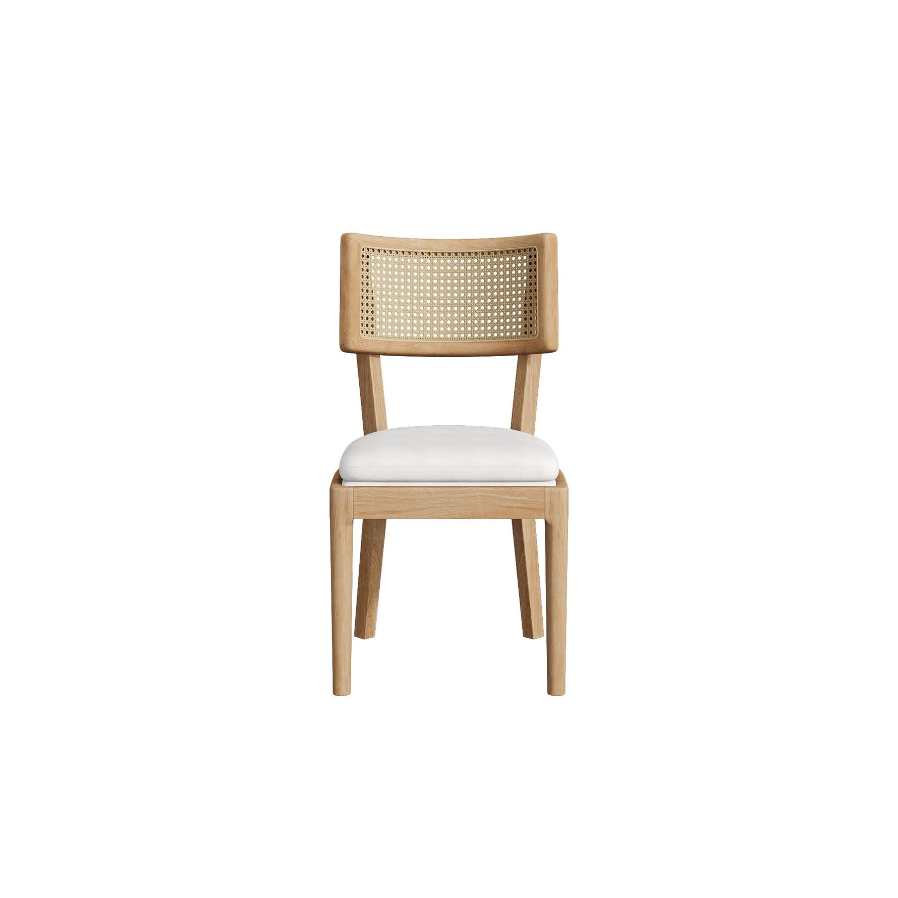 Solid Wood Dining Chairs with Rattan Backrests and Linen Seats, Set of 2, Wood Color