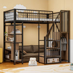 Loft Bed, 90 x 200 cm, Storage, Shelves & Stairs, Metal Black