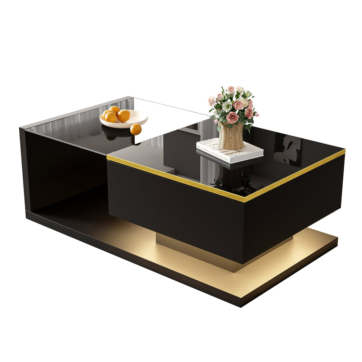 Coffee Table 90cm Long, High-Gloss Black with Glass & LED