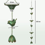 Rain Chains, Set of 3 with Hanger Bird Bell, Metal Green