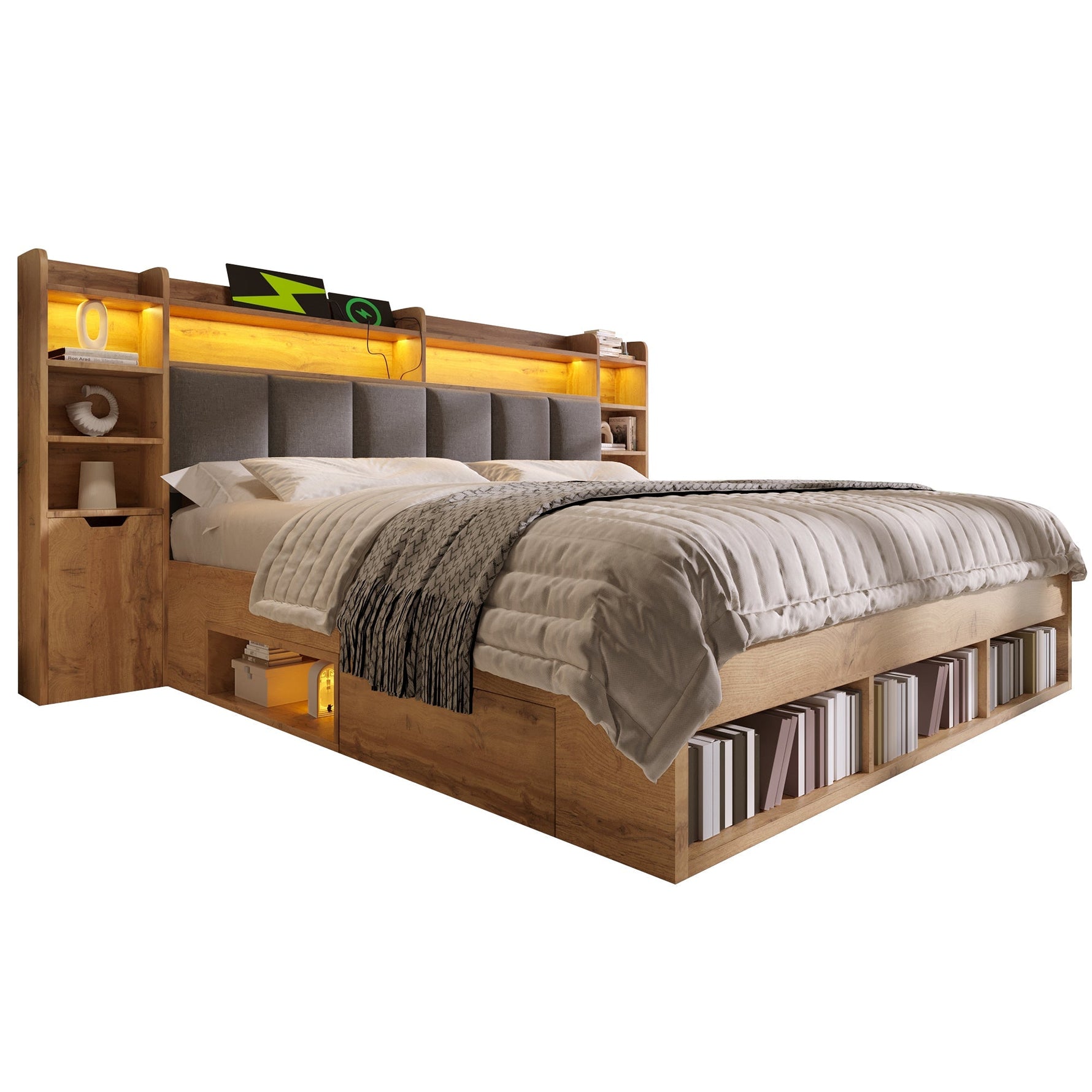 Double Bed System Bed with LED Headboard, Bedside Tables, USB Ports and Storage, 160x200cm, Oak Finish